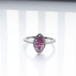 Anillo de Plata de Ley S925 Moissanita Rosa Corte Marquesa Halo Compromiso Boda para Mujer Joyería Lujo 1ct
