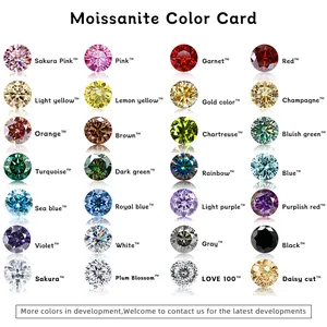 Moissanite color chart displaying 28 premium cuts and shades for custom jewelry design