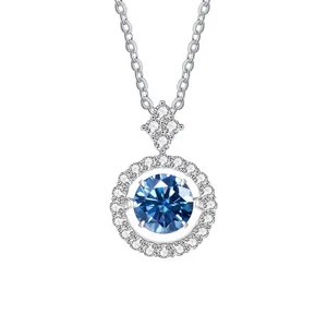 Elegant S925 sterling silver necklace with a round blue moissanite halo pendant