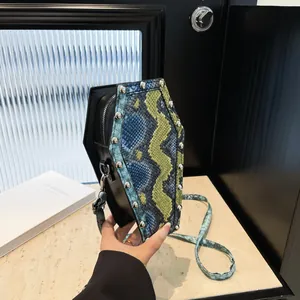 Gothic coffin shaped crossbody bag with colorful snakeskin pattern and silver metal rivets