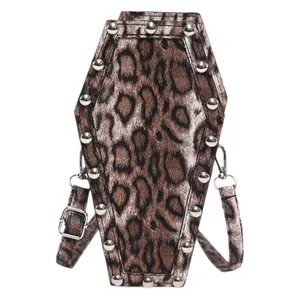 Gothic coffin shaped crossbody bag with leopard print and silver metal rivets