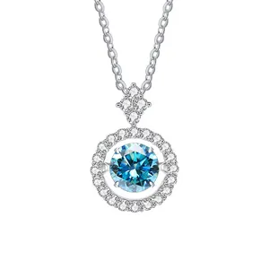 Sparkling S925 sterling silver heart necklace with a round blue moissanite pendant