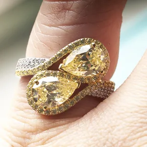 Luxury double pear-cut yellow carbon diamond ring with S925 silver and platinum plating