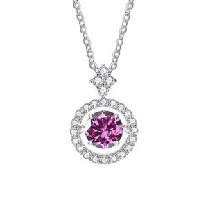 Detailed close-up of a S925 sterling silver necklace featuring a purple Moissanite pendant