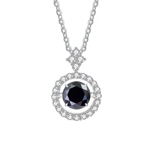 Macro detail of S925 silver necklace featuring a black round stone and diamond halo