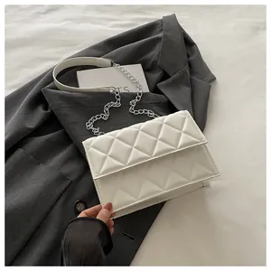 Close-up of white quilted leather texture and silver chain strap on a small flap bag