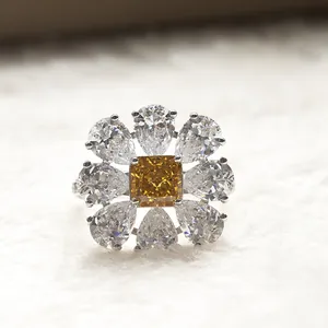 Radiant cut yellow sunflower high carbon diamond ring in S925 sterling silver setting