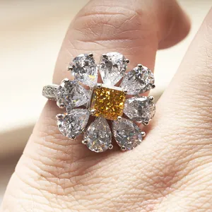 Radiant cut yellow sunflower ring in S925 silver with sparkling high carbon diamonds
