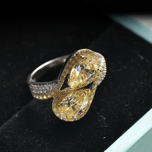 Pear-cut yellow carbon diamond ring in S925 sterling silver with double halo stones