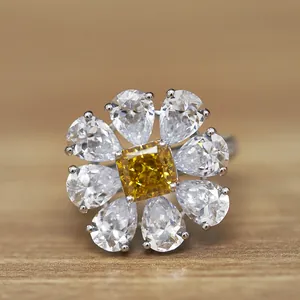 Radiant cut yellow carbon diamond flower ring in S925 sterling silver with platinum plating