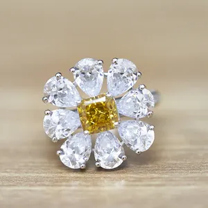 Radiant cut yellow gemstone ring with pear-shaped halo in S925 sterling silver