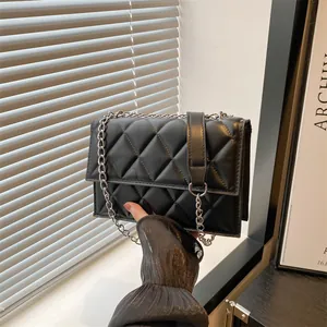 Classic black quilted leather crossbody bag with silver chain strap and flap closure