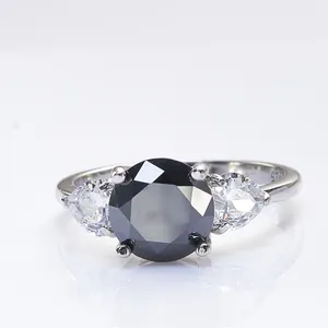 Bague Trois Pierres Moissanite Noire 3 Carats en Argent Sterling 925 Style Hip Hop Taille Ronde Bijoux de Fête Avec Certificat GRA