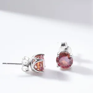 Macro-detail van S925 sterling zilveren oorknop met ronde rode edelsteen in klauwzetting