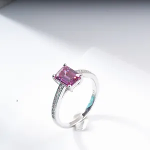 Elegant S925 silver ring featuring a radiant cut pink gemstone and pavé side diamonds
