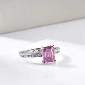Elegant S925 sterling silver ring featuring a radiant cut pink emerald moissanite stone