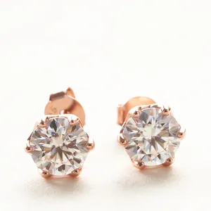 Rose gold six-prong S925 silver moissanite stud earrings with brilliant round cut stones