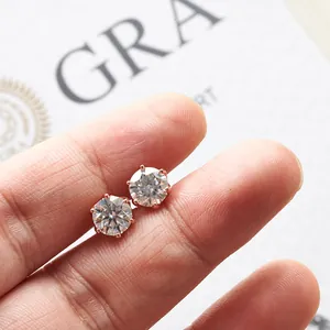 Elegant Rose Gold Moissanite Stud Earrings With 925 Sterling Silver Earring Post Round Cut Six Prong Minimalist Women Jewelry Gift