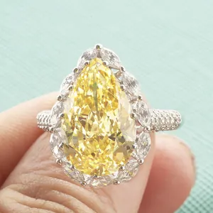 Luxury 925 Sterling Silver Pear Cut Yellow Zirconia Ring Women Water Drop Simulated Diamond Wedding Party Jewelry Gift