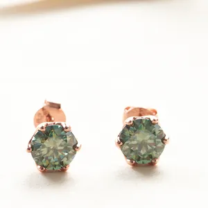 Rose gold S925 sterling silver six-prong stud earrings with green moissanite gemstones