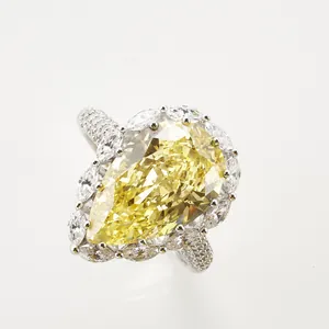 Luxury 6ct pear cut yellow carbon diamond ring with marquise halo on silver band