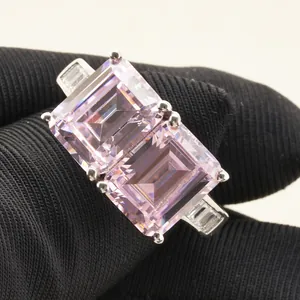 6 carat pink emerald cut gemstone ring in sterling silver with side accents