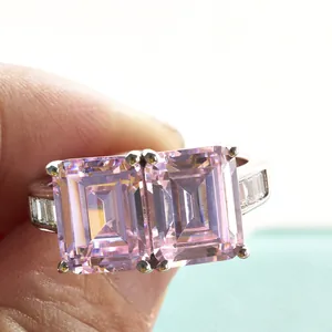 Stunning 6-carat emerald cut pink diamond ring in silver plating for a glamorous look