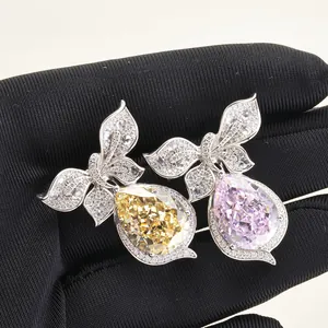 Luxurious 10 Carat Pear Cut Yellow Pink High Carbon Diamond Pendant 925 Sterling Silver Bowknot Inlaid Zirconia Jewelry For Women Pendant Only Without Chain