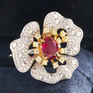 Oval cut ruby flower ring in S925 silver with sparkling high carbon diamond accents