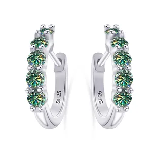 S925 sterling silver hoop earrings featuring five round-cut green moissanite stones