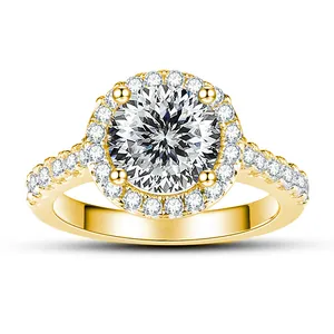 Detailed macro view of 1 carat moissanite halo ring set in gold plated sterling silver