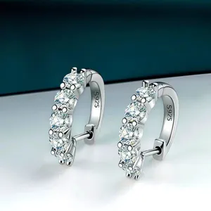 Elegant S925 sterling silver hoop earrings set with five round moissanite gemstones