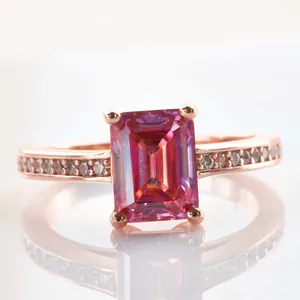 Elegant 2 carat emerald cut pink gemstone ring in rose gold plated S925 sterling silver