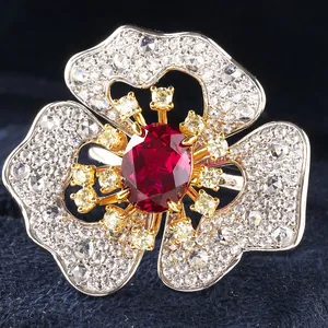 Oval cut red ruby flower ring in S925 silver with sparkling high carbon diamonds