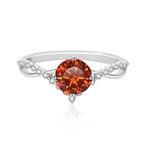 Bague de luxe en argent S925 avec moissanite orange ronde et anneau entrelacé élégant