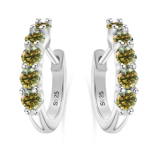 Polished S925 sterling silver hoop earrings with yellow-green moissanite gemstones