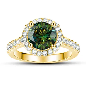 Macro detail of a 1 carat green moissanite halo ring with gold plated S925 silver band