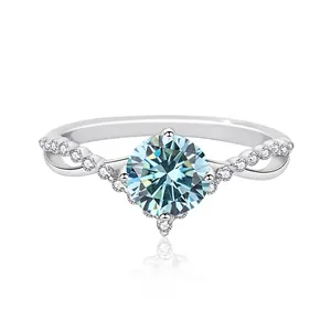 Bague élégante en argent S925 avec moissanite bleue et anneau torsadé serti de diamants