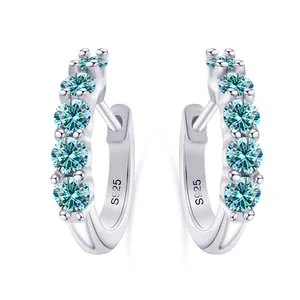 S925 Sterling Silver C-shape earrings with light blue moissanite round brilliant cut