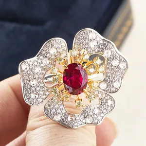 Floral S925 silver ring with oval red ruby and sparkling VVS high carbon diamonds