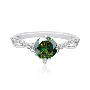 Bague en argent S925 avec moissanite verte ronde et anneau torsadé serti de diamants
