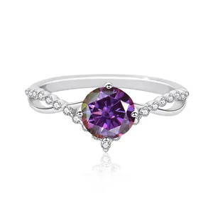 Bague élégante en argent S925 avec gemme violette ronde et anneau serti de diamants