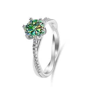 S925 silver ring with 1ct round colorful moissanite and classic six-prong twisted band