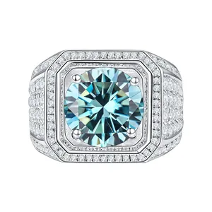 Herrenring aus S925 Silber mit großem blauen Moissanit in luxuriöser Pavé-Fassung