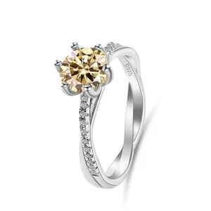 S925 silver moissanite ring with champagne stone, classic six-prong twisted arm design