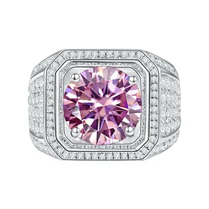 Herrenring aus S925 Sterlingsilber mit großem rosa Moissanit und Diamant-Halo-Effekt