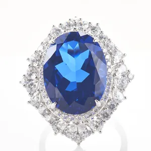 Anello in Argento Sterling 925 Placcato Platino con Grande Zaffiro Sintetico Blu Reale Ovale Anello Cocktail Lussuoso per Donna