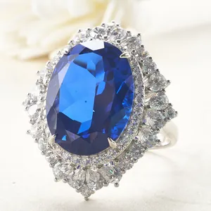 Lussuoso anello in argento S925 con zaffiro blu ovale da 30 carati e doppio alone di diamanti