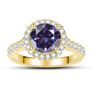 Bague moissanite violette 1ct avec halo de diamants et anneau en argent S925 doré