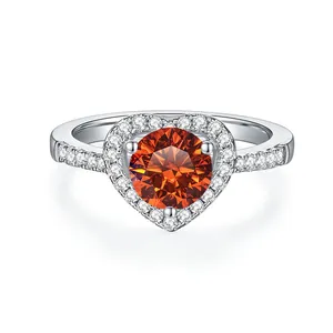 Anello elegante in argento S925 con gemma arancione tonda in incone cuore